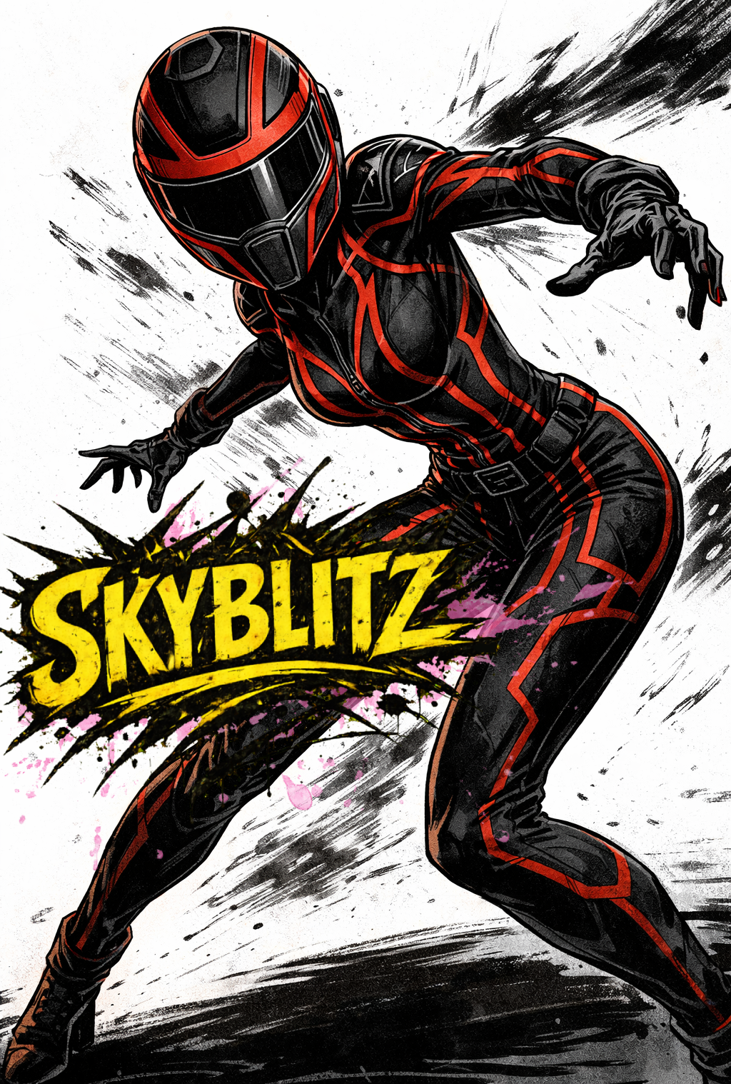 Arisha RU Pilot SKYBLITZ, A stylized illustration of a superhero in a black and red suit with a mask, in a dynamic action pose, with the word "Skyblitz" in bold yellow letters on a black paint splatter background.