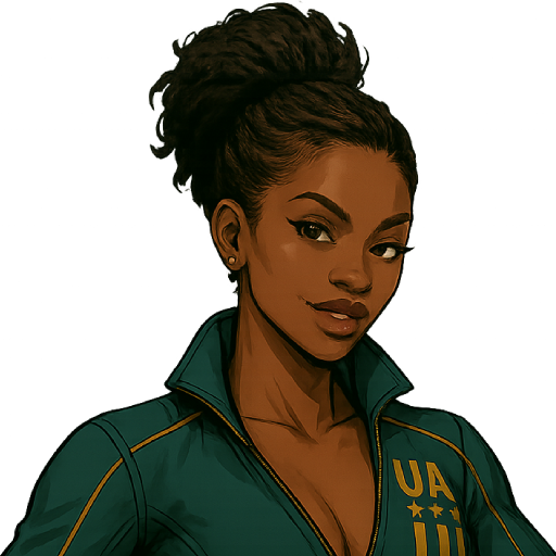 Digital illustration of a confident young woman with styled hair, wearing a blue sports jacket with yellow accents and an 'UA' logo.