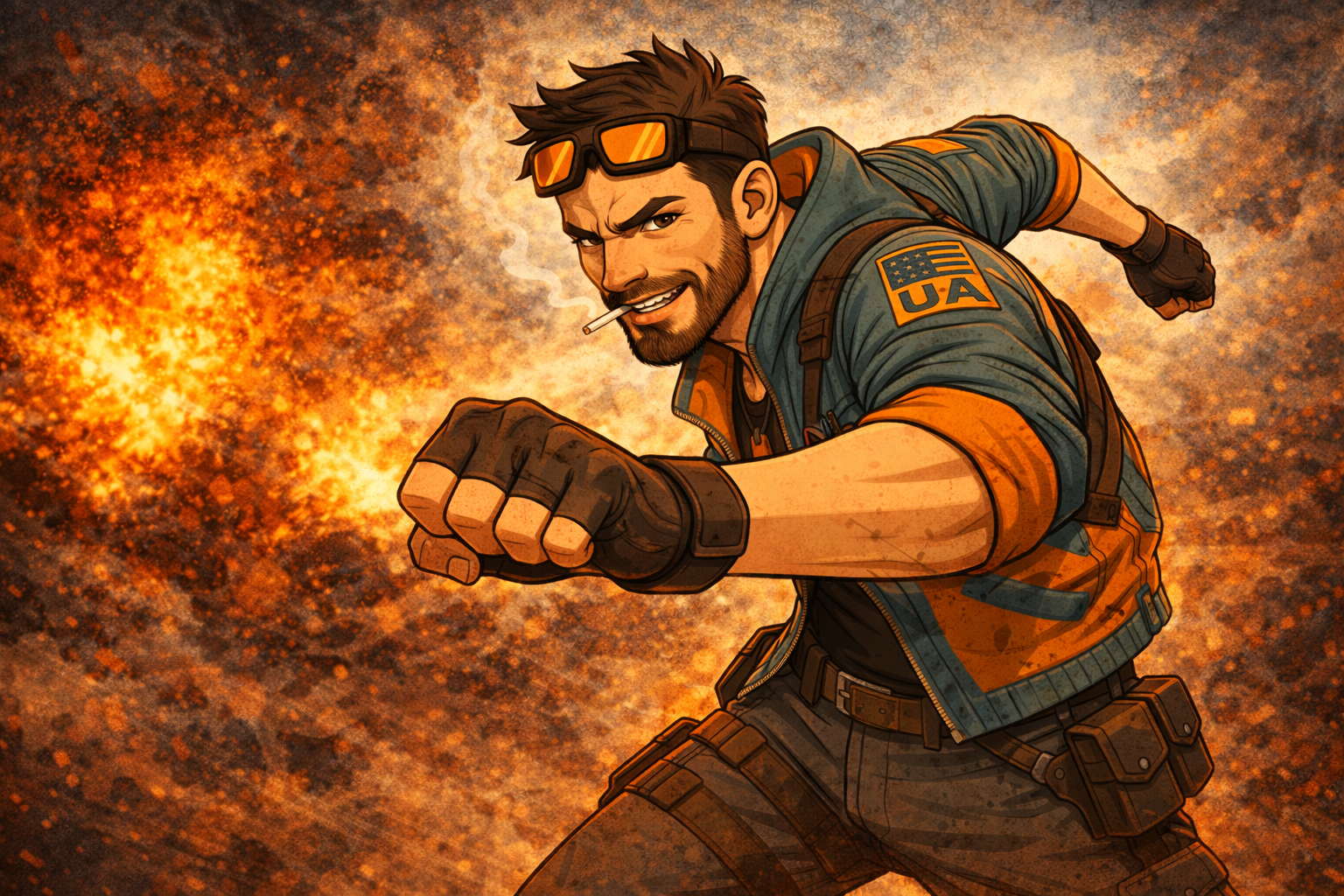 Agent Arms SKYBLITZ A man with brown hair, beard, and sunglasses on his head, wearing tactical gear, a jacket with an 'USA' patch, gloves, and cargo pants, is running forward with a determined expression, against a background of flames and smoke.