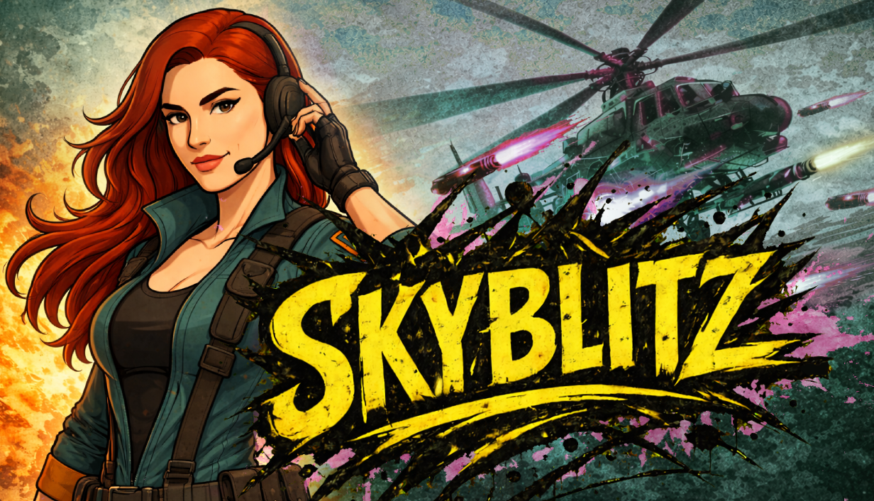 Agent Soul from SKYBLITZ. Illustration of a woman with red hair wearing a headset and tactical gear, with military helicopters and explosions in the background, along with the text "Skyblitz" in bold yellow letters.