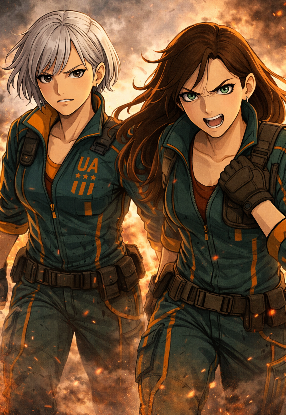 Carrie TWISTED SKYBLITZ, Two animated women in military-style uniforms running through a fiery background, looking determined and fierce.