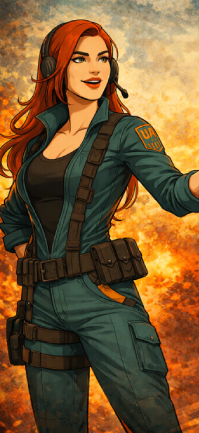 Agent Soul SKYBLITZ, Illustration of a female soldier with red hair wearing a UAF jacket and headset, against a fiery sunset background.