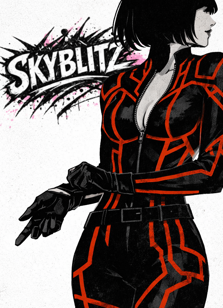 Arisha RU Pilot SKYBLITZ, A woman in a black and red futuristic bodysuit standing in front of a graffiti-style Skyblitz logo.