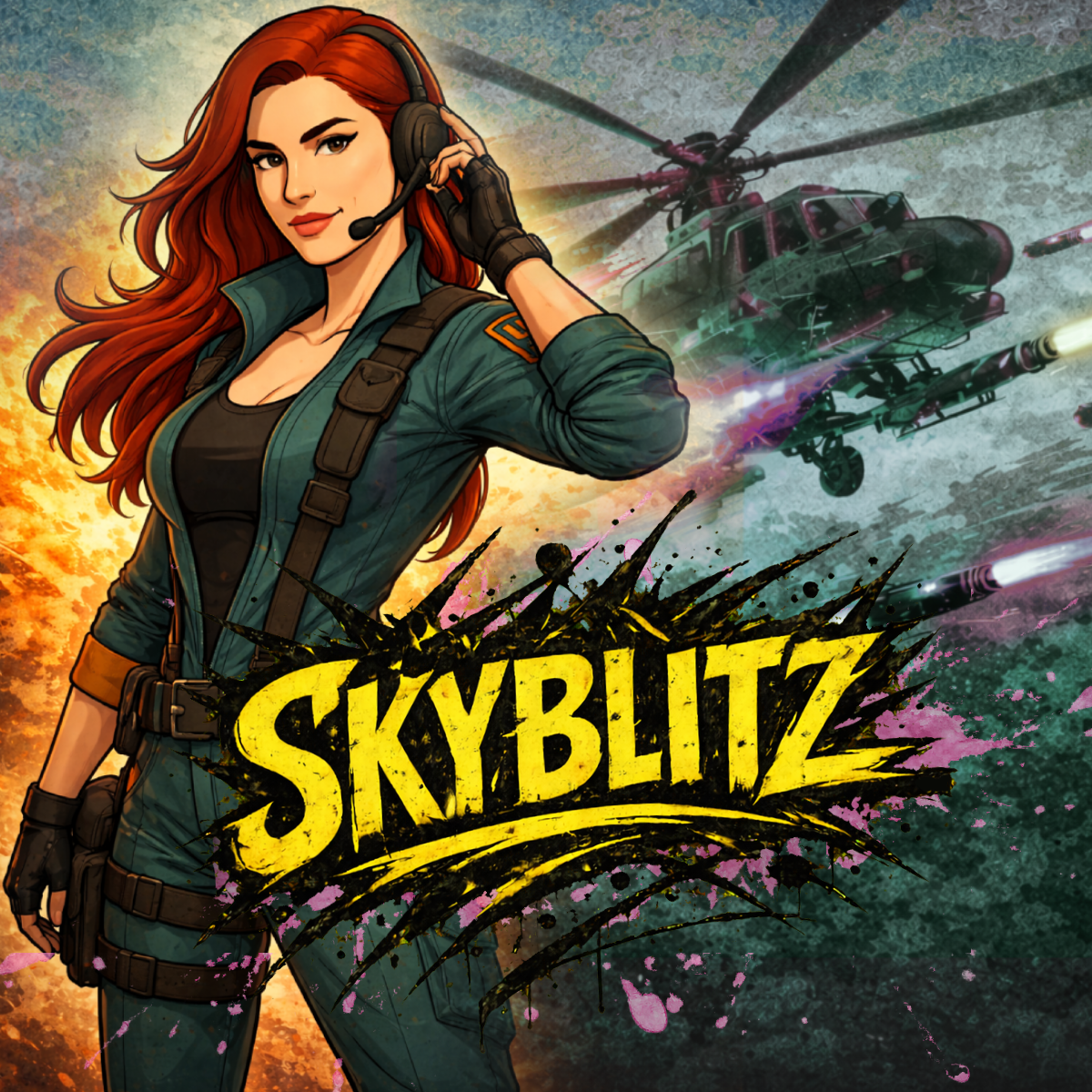 Agent Soul and The Sidewind from SKYBLITZ. A female character with red hair in a military flight suit, holding a headset, with attack helicopters flying in the background and the title 'Skyblitz' at the bottom.