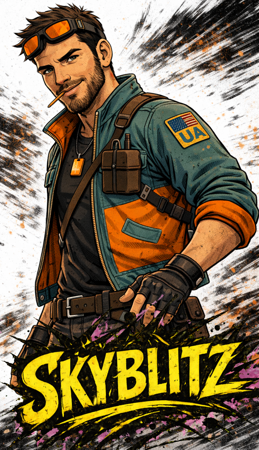 Agent Arms SKYBLITZ, A young man in a military-style jacket with an American flag patch, wearing sunglasses and a dog tag, holding a gun with purple sparks, and a cigarette in his mouth, with the title "Skyblitz" in bold yellow letters at the bottom.