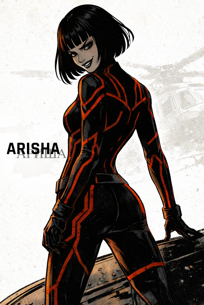 Arisha RU Pilot SKYBLITZ, Comic-style illustration of a woman with short black hair and a mischievous smile, wearing a black and orange suit, standing in front of a helicopter with a textured background, with the name "Arisha" to the left.