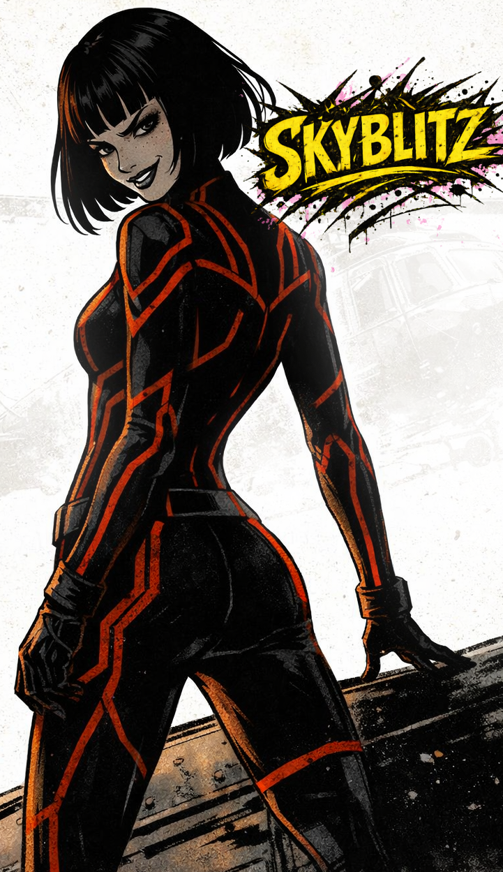 Arisha RU Pilot SKYBLITZ, Comic book-style illustration of a woman in a black and red suit with short black hair and a confident smile, with the word 'Skyblitz' in yellow letters in a splattered background.