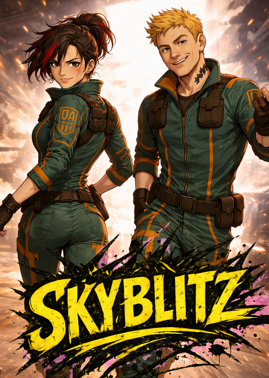 Zeke TWISTED SKYBLITZ, two characters in military-style green uniforms with orange accents, standing back-to-back against a dramatic sky background, with the game title "Skyblitz" in bold yellow and black at the bottom.