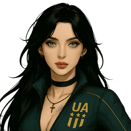 A woman with long black hair and blue eyes, wearing a dark athletic jacket with gold accents and a black choker, standing against a plain background.