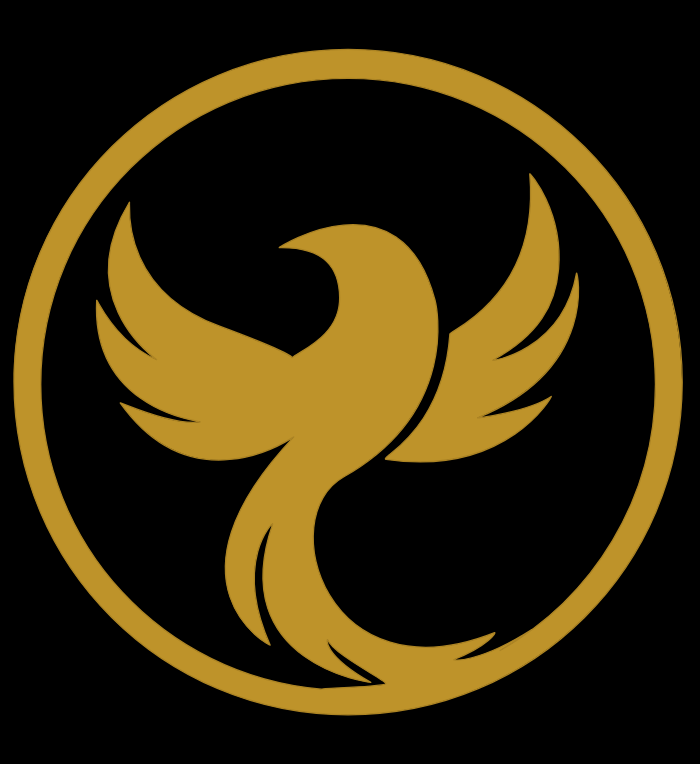 A black and gold emblem featuring a stylized phoenix with wings spread inside a circular border.