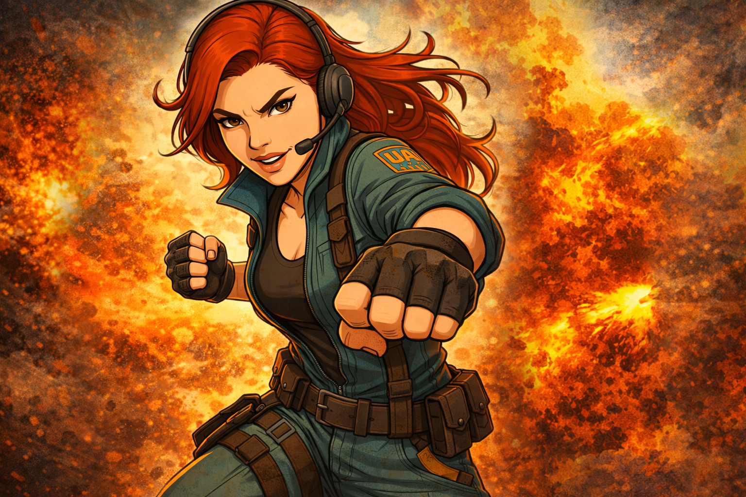 A comic-style illustration of a female soldier with red hair, wearing a headset and military gear, punching forward with a determined expression, with an explosive background.