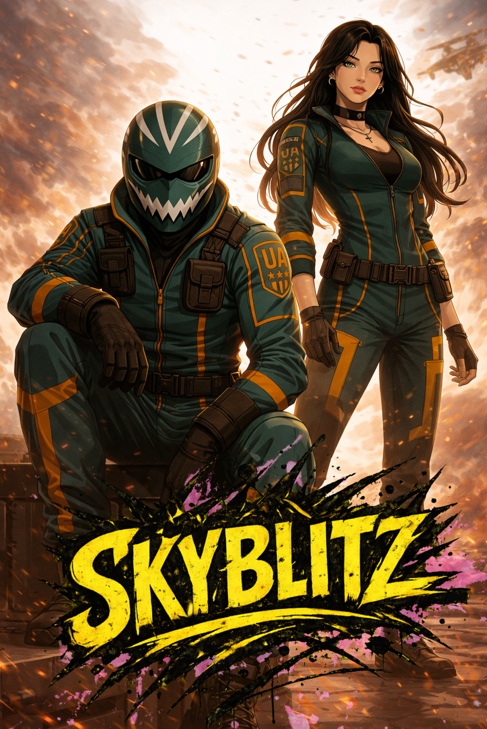Victoria TWISTED SKYBLITZ, Digital illustration of two characters in military-style uniforms with a fiery background, featuring the game logo 'Skyblitz' at the bottom.
