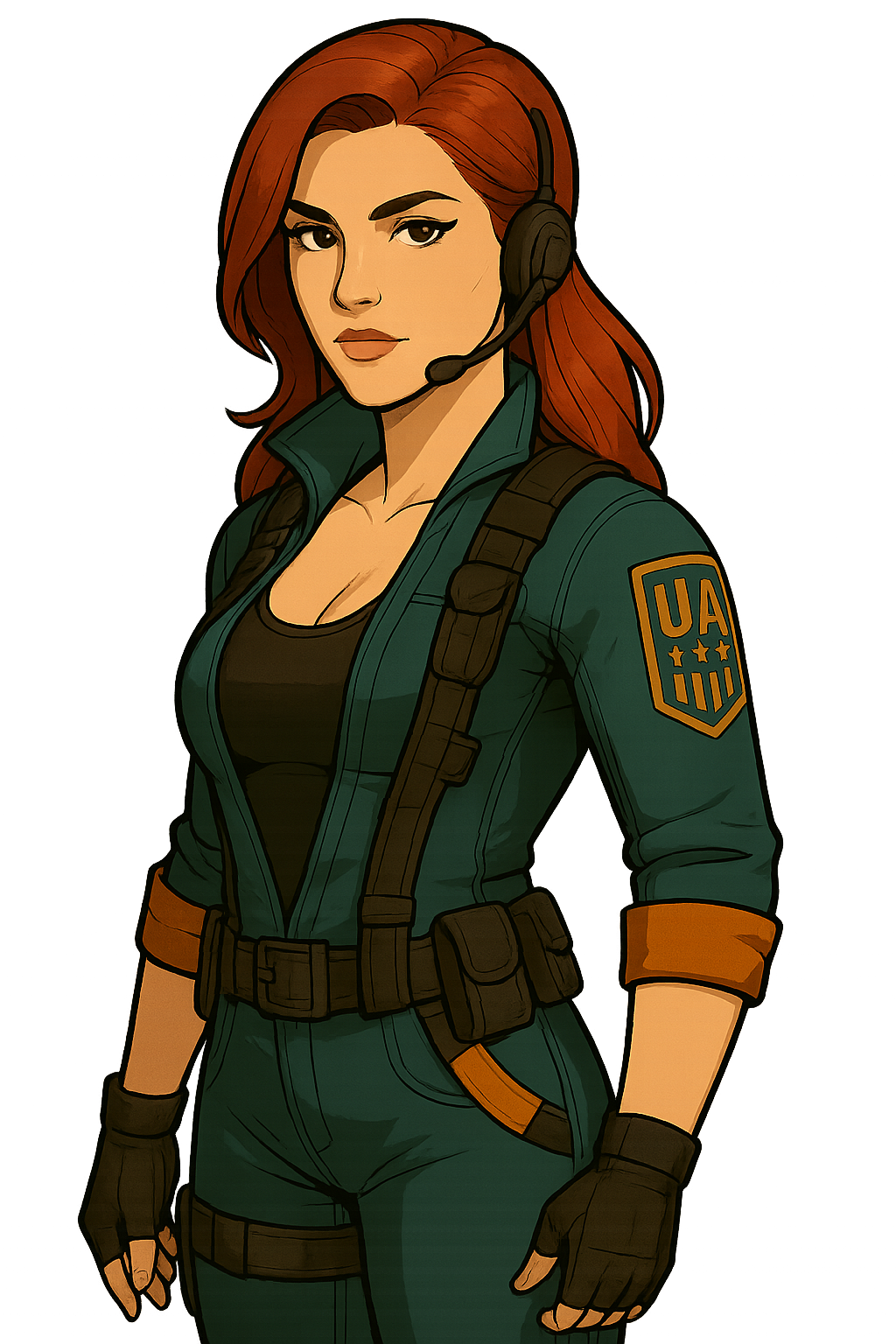 Animated woman with red hair wearing a military-style green uniform with a UA patch, tactical gear, and a headset.