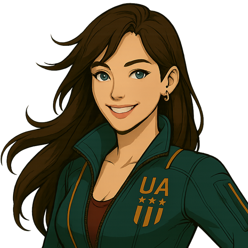 Digital illustration of a smiling woman with long brown hair, wearing a teal sports jacket with 'UA' and three stars on the chest, and a brown shirt underneath.