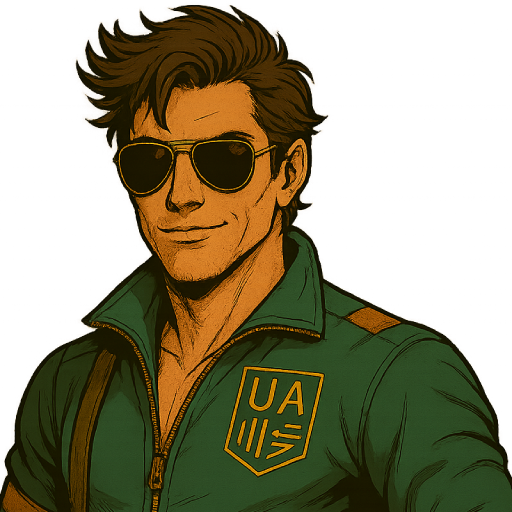 A cartoon male character with sunglasses, wearing a green jacket with a badge marked 'UA' and a zipper, standing confidently.
