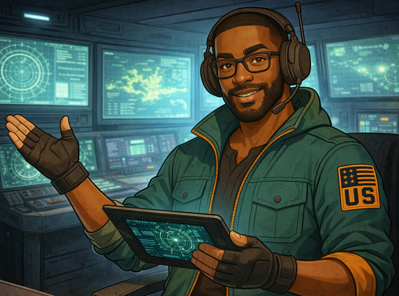 Agent Soul SKYBLITZ, Male military officer with glasses, beard, and headset pointing towards multiple monitors displaying radar and data screens in a command center.