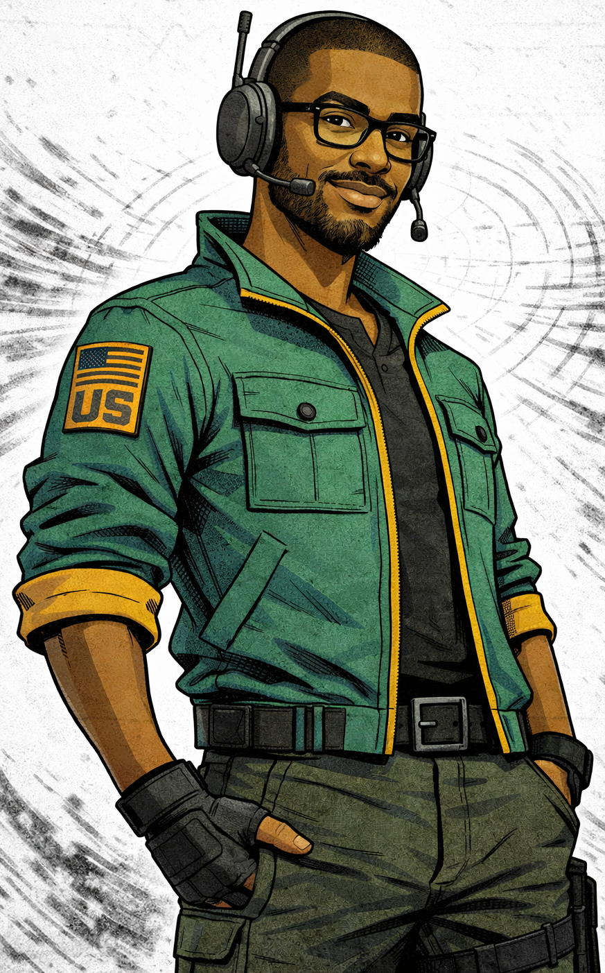 Agent Soul SKYBLITZ, a man wearing a green military-style jacket with rolled-up sleeves, a black shirt, and military pants. He has glasses, a beard, and wears a headset. The jacket has a patch on the sleeve, and he has one hand in his pocket.