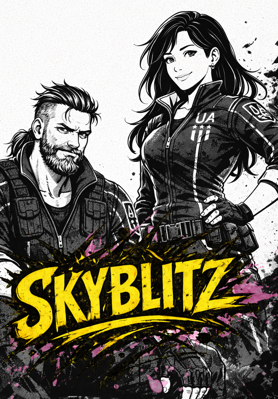 Carrie TWISTED SKYBLITZ, Black and white illustration of two characters in tactical gear, with the title Skyblitz in bold yellow text surrounded by splashes of color.