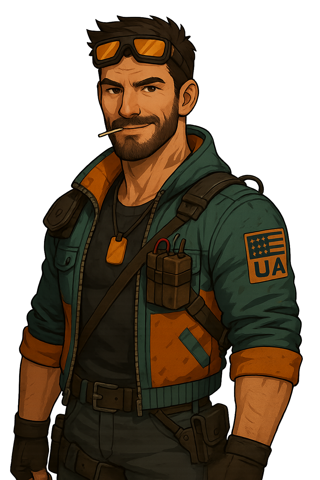 Digital illustration of a confident man with sunglasses on his forehead, a toothpick in his mouth, wearing a green and orange military-style jacket with an American flag patch on his sleeve, standing against a colorful, abstract background.