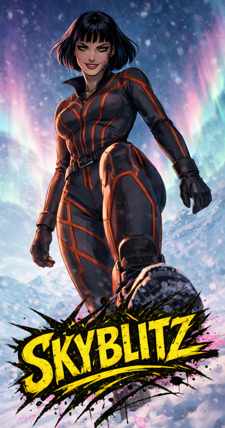 Arisha RU Pilot SKYBLITZ, Illustration of a woman in a black and orange jumpsuit with short black hair and green eyes, standing in a snowy landscape with the Aurora Borealis in the sky, and the 'Skyblitz' logo at the bottom.