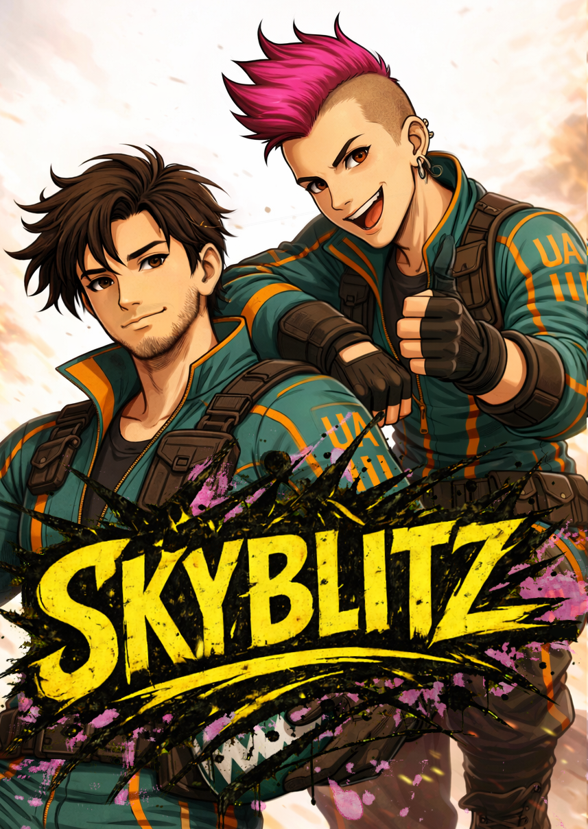 Sepak TWISTED SKYBLITZ, Two animated characters from the game Sky Blitzz in military-style uniforms with colorful hair and confident expressions, with the game's logo in front.