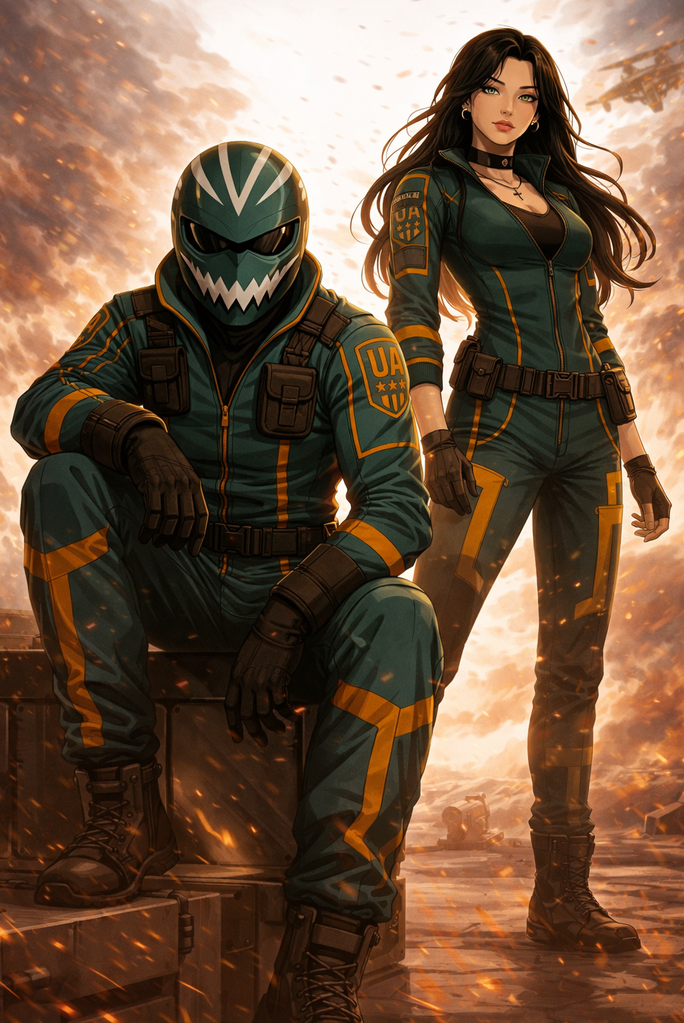 Victoria TWISTED SKYBLITZ, Two characters, a man wearing a helmet with a skull design and a woman, dressed in military-style gear, pose against a fiery background with sparks and smoke.