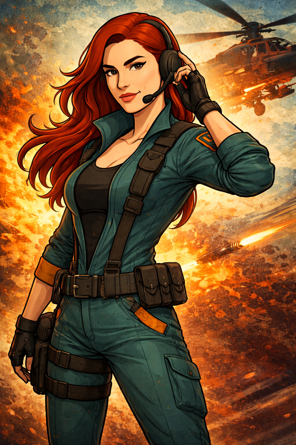 Agent Soul SKYBLITZ, Illustration of a confident woman military pilot with long red hair, wearing a teal flight suit with tactical gear, holding a headset, with a helicopter and explosions in the background.