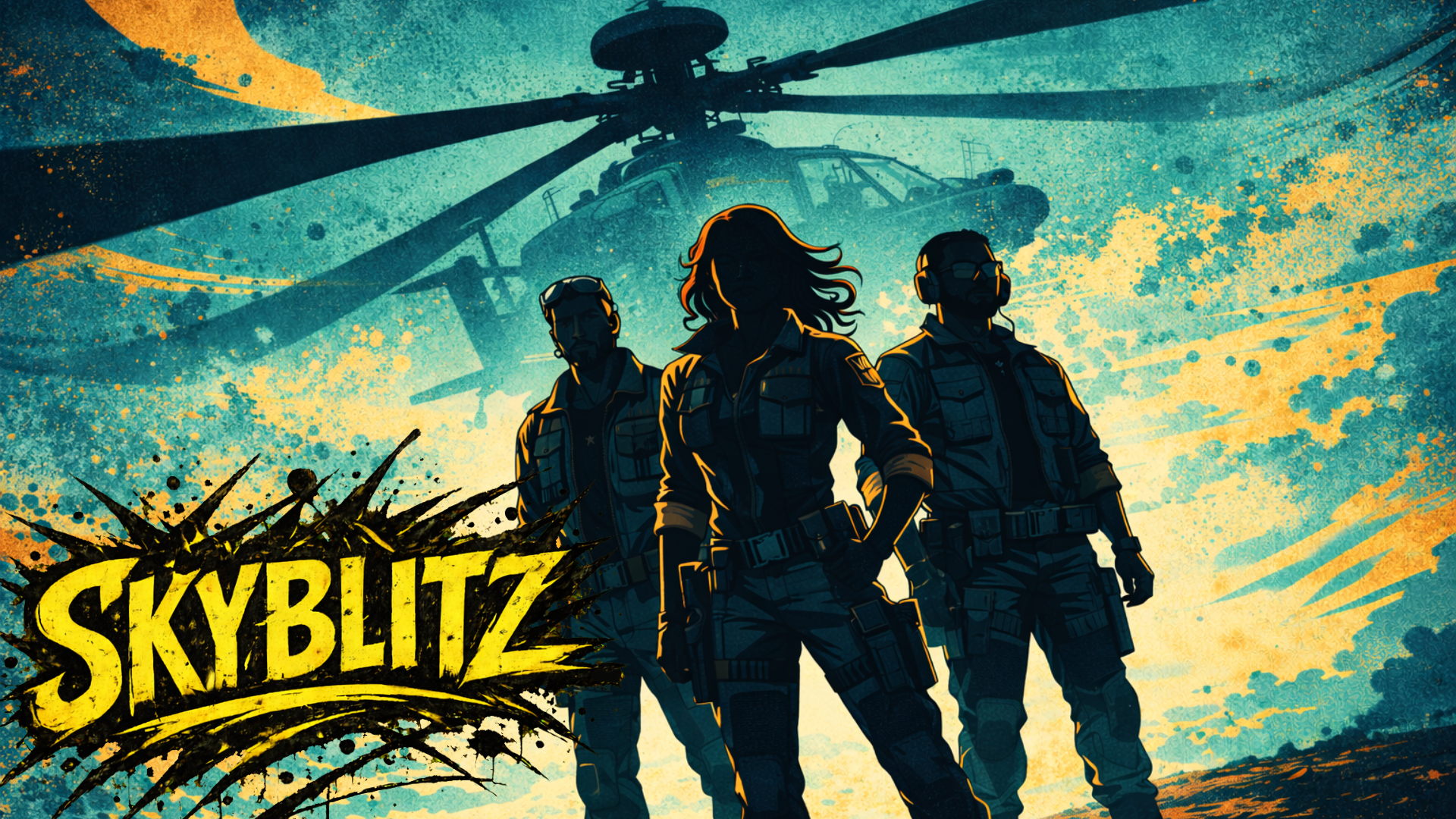 Illustration from the game Skyblitz showing three soldiers in tactical gear standing in front of a helicopter at sunset with a blue and yellow sky.