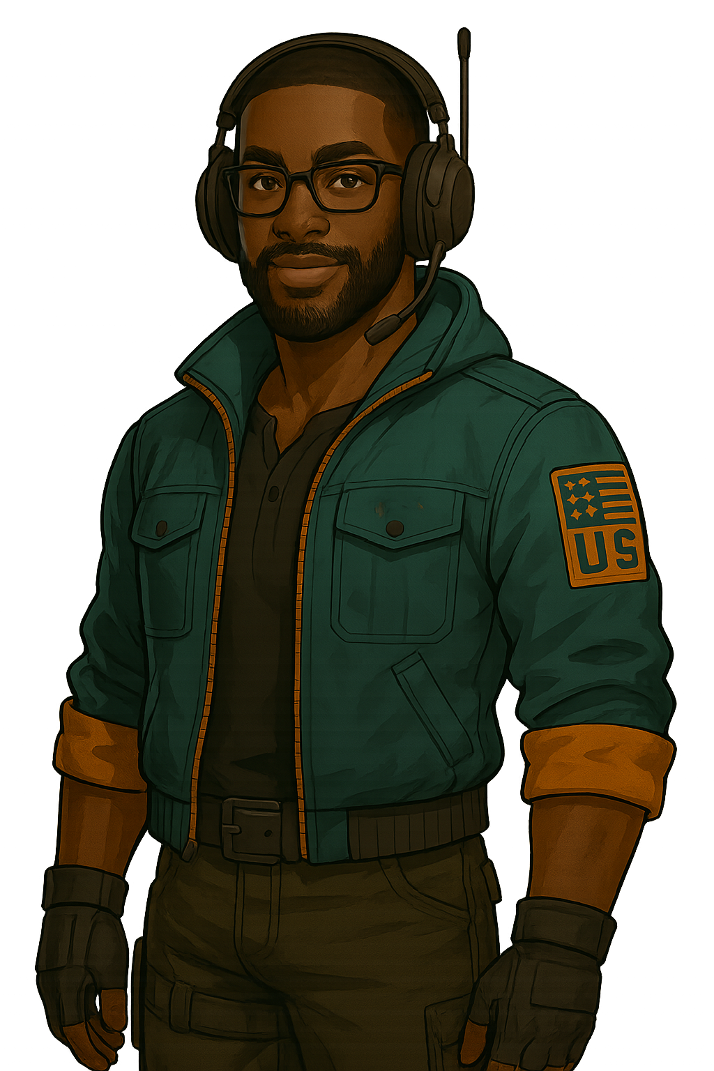 Illustration of a man with glasses and a beard, wearing a headset, a teal jacket with rolled-up sleeves, black gloves, and cargo pants. He has an American flag patch on his sleeve.