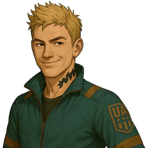 Illustration of a young man with blond hair, wearing a green uniform jacket with a UAX patch on the sleeve, and a patch on the collar. He is smiling slightly at the camera, set against a simple background.