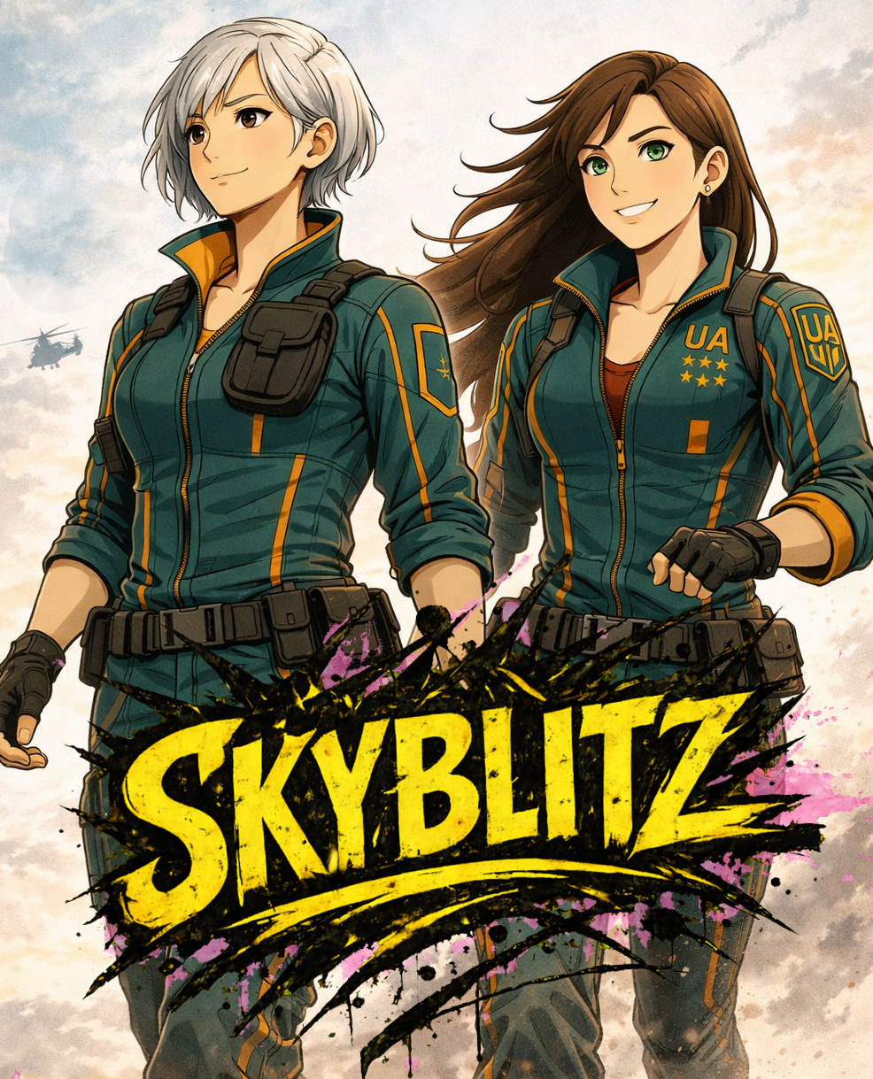 Carrie TWISTED SKYBLITZ, Two female characters in military-style uniforms with the logo 'Skyblitz' in front, standing outdoors with a helicopter in the background.