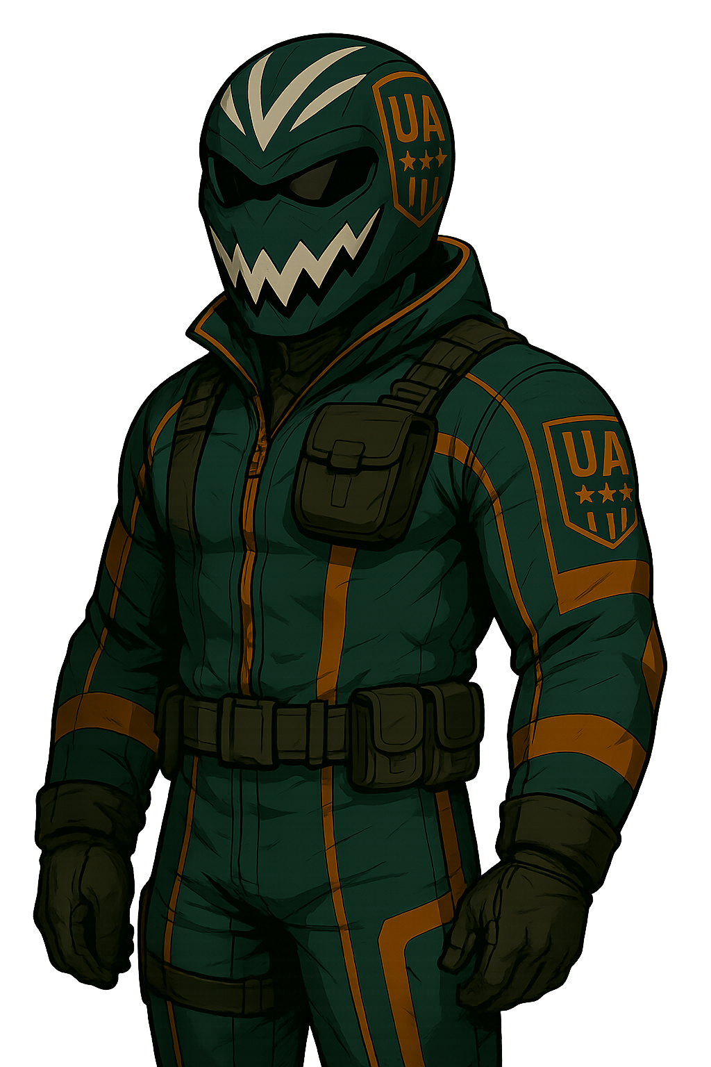 A person in a teal and orange flight suit with a matching helmet featuring a menacing skull face design and the letters "UA" on the side, standing with their hands at their sides.