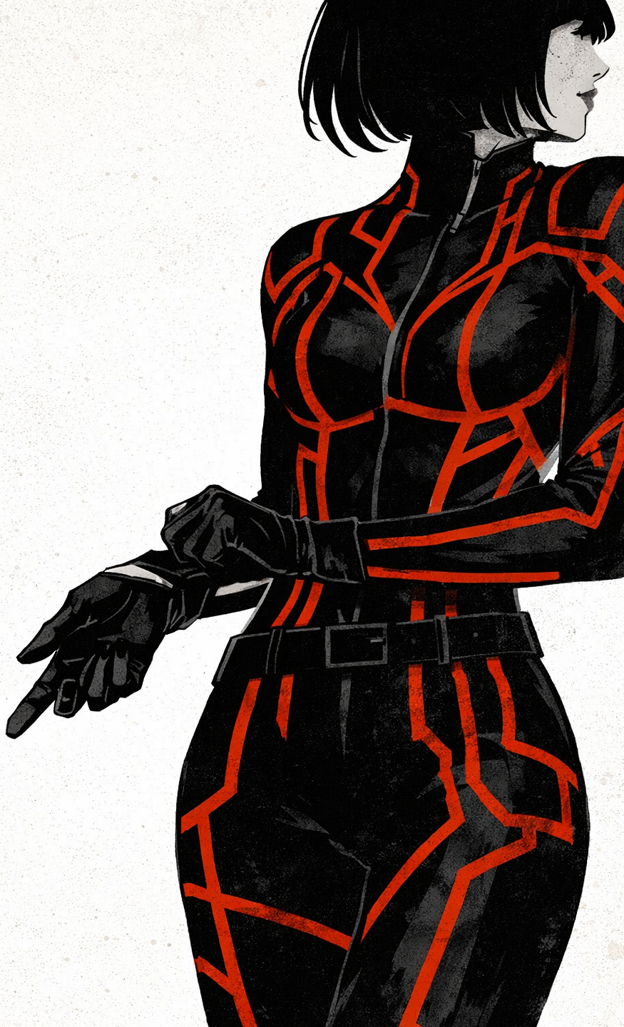Arisha RU Pilot SKYBLITZ, Illustration of a woman in a black and red futuristic suit, with short dark hair, pointing her finger downward.