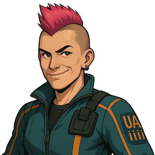A cartoon character with a pink mohawk hairstyle, smirking face, wearing a blue jacket with orange accents, a black shirt underneath, and a shoulder strap, standing against a wooden background.