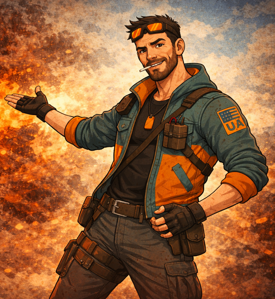 Agent Arms SKYBLITZ, A confident character in uniform with a patch that reads 'U.S.' on his sleeve, standing against a fiery background with sparks and flames, smiling, with a cigarette in his mouth, and gesturing outward with his left hand.