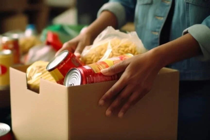 Person packing canned food and snacks into a cardboard box, likely as part of a food drive or donation.