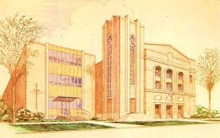 Hand-drawn sketch of a church with a tall steeple and large arched windows, and a modern building with colorful windows adjacent.