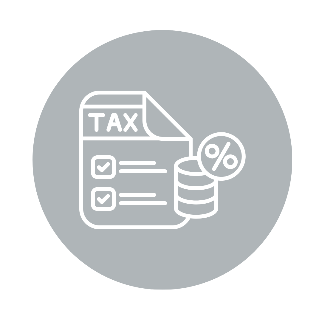 Icon depicting a tax document, a stack of coins, and a percentage symbol representing tax calculation or financial deductions.