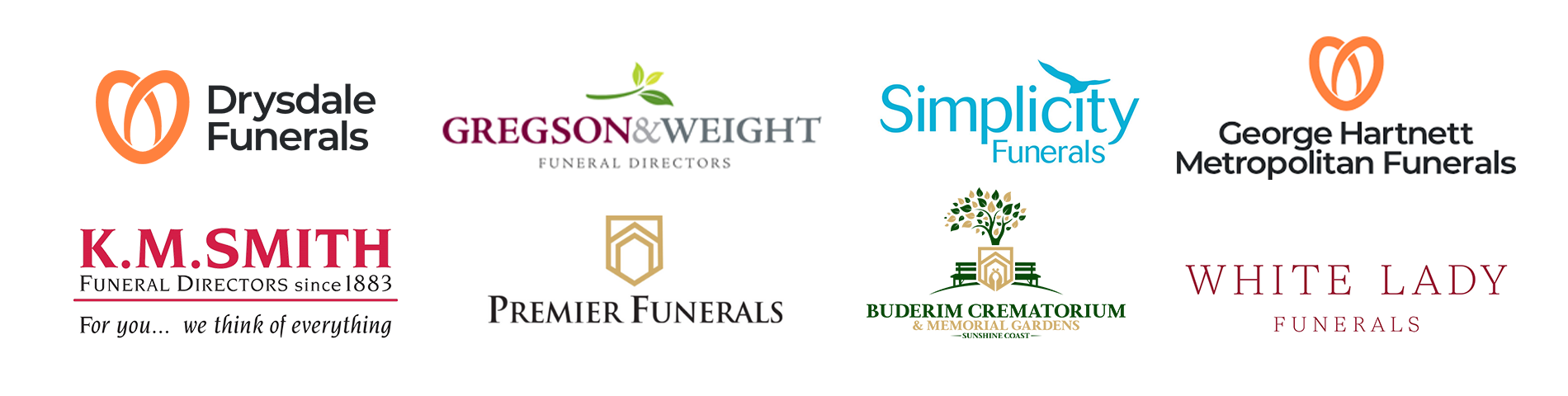 Collection of funeral home logos including Drysdale Funerals, Gregson & Weight Funeral Directors, Simplicity Funerals, George Hartnett Metropolitan Funerals, K.M. Smith Funeral Directors, Premier Funerals, Buderim Crematorium & Memorial Gardens, and White Lady Funerals.