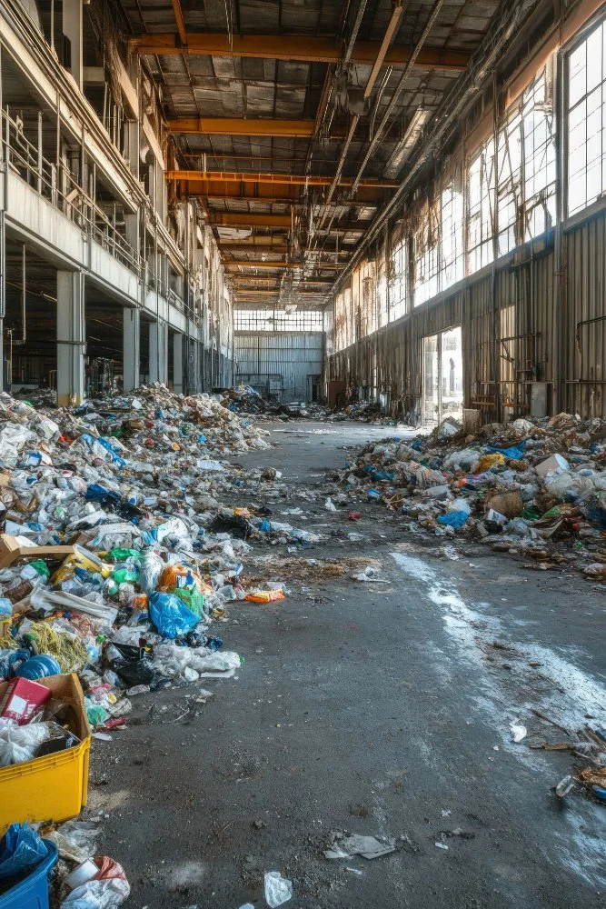 Interior of an abandoned industrial warehouse with spilled garbage and trash scattered across the floor, broken windows letting in light, and deteriorating walls and ceiling.