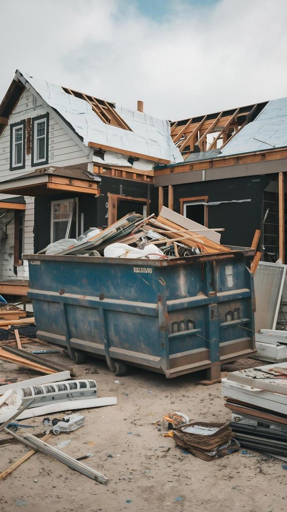 House under construction or renovation with exposed roof framing and a large trash dumpster filled with construction debris.