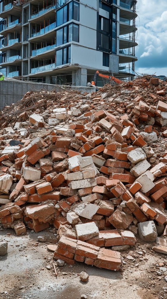 A construction site with a large pile of red and white bricks in the foreground and a multi-story building under construction in the background.