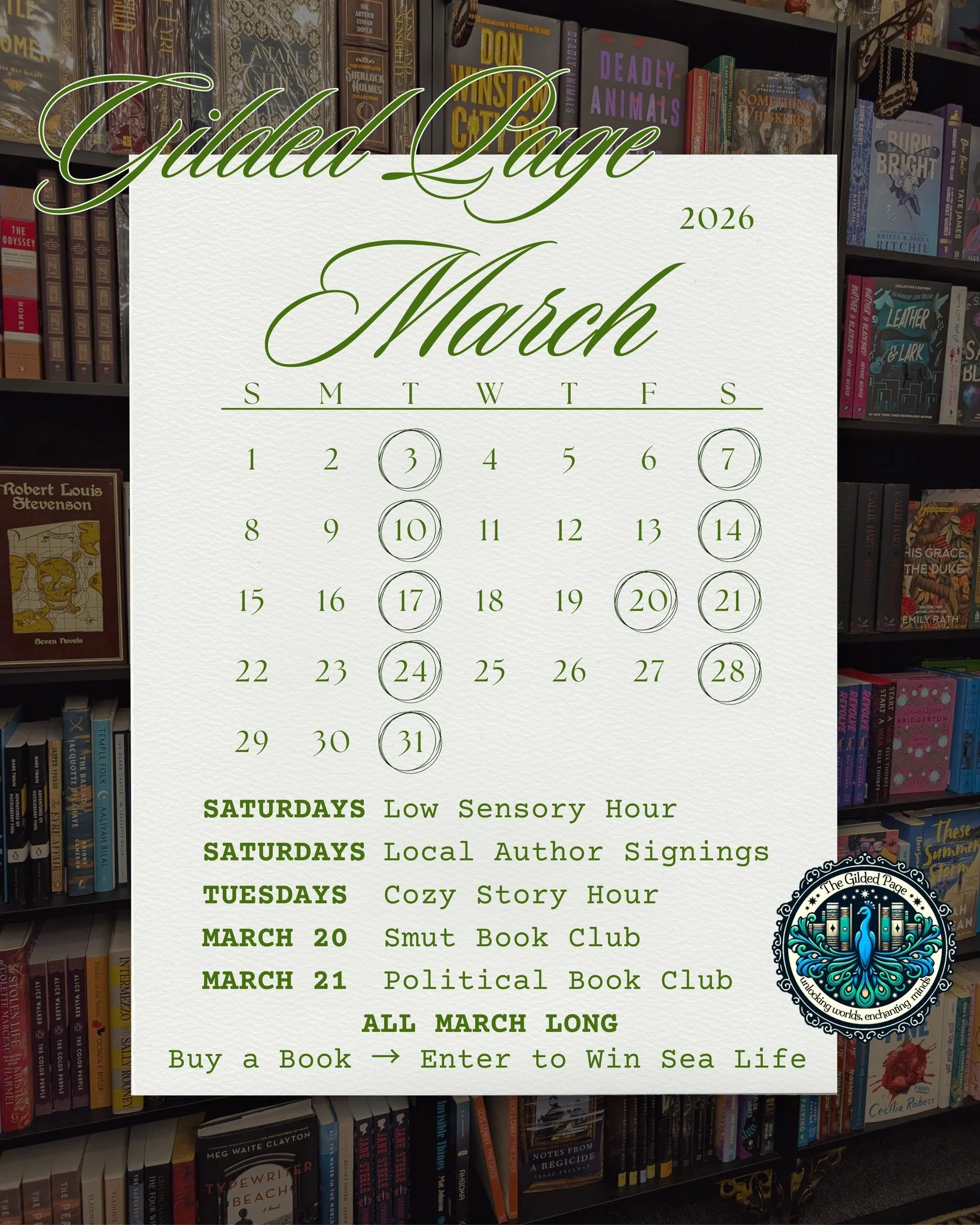 March is full. 

Tuesdays at 6 we gather for Cozy Audiobook Hour. 
Saturdays begin with Low Sensory Hour from 10 to 11 and end with Author Signings from 5 to 7. 
Smut Club meets March 20. 
Political Discourse meets March 21. 

Every book purchase thi