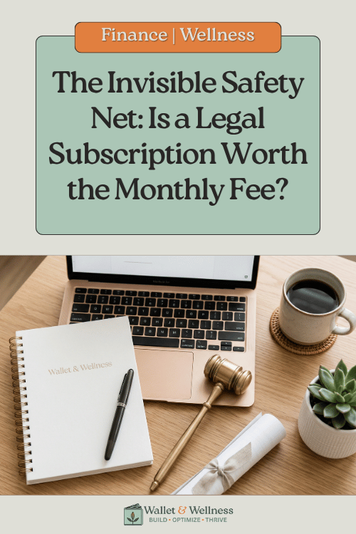 n aesthetically pleasing desk featuring a notebook with the Wallet & Wellness logo, a laptop, and a gavel, symbolizing accessible legal services.