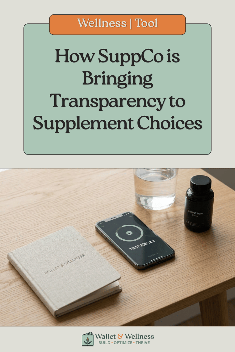 Social image, showing blog title and SuppCo App with TrustScore, supplement, notebook and water on a table