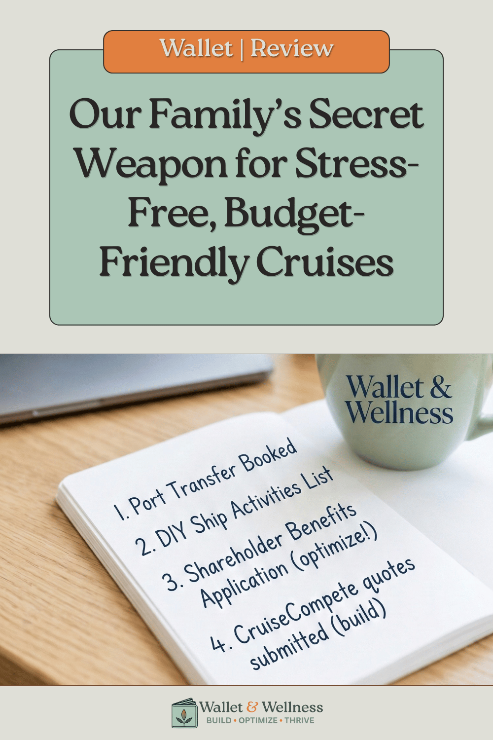 A beach bag and a notebook with the Wallet & Wellness logo, representing a disciplined and intentional approach to family travel.