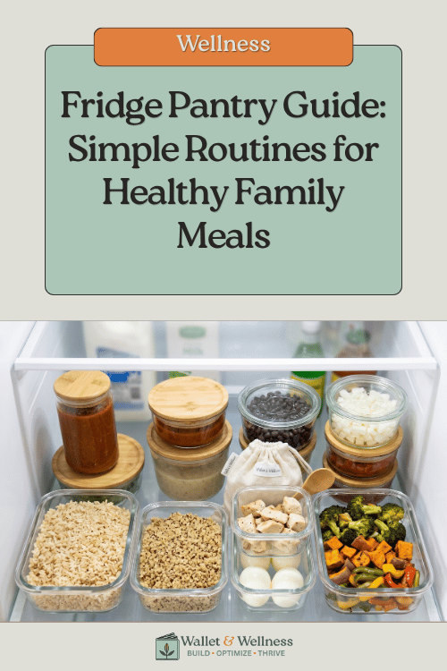 A clean, organized refrigerator filled with glass containers of prepped grains, proteins, and vegetables, featuring a "Wallet & Wellness" branded wooden cutting board in the foreground.
