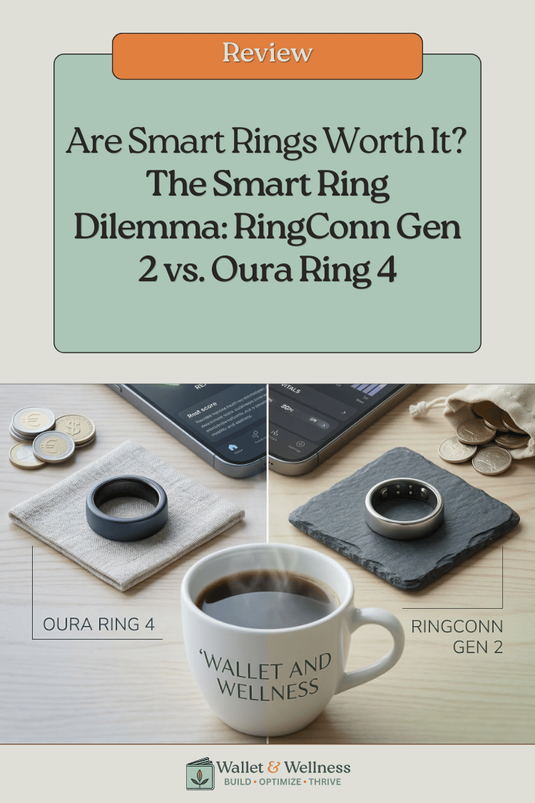 Split-screen comparison of Oura Ring 4 and RingConn Gen 2 on a wooden desk with a Wallet and Wellness branded coffee cup.