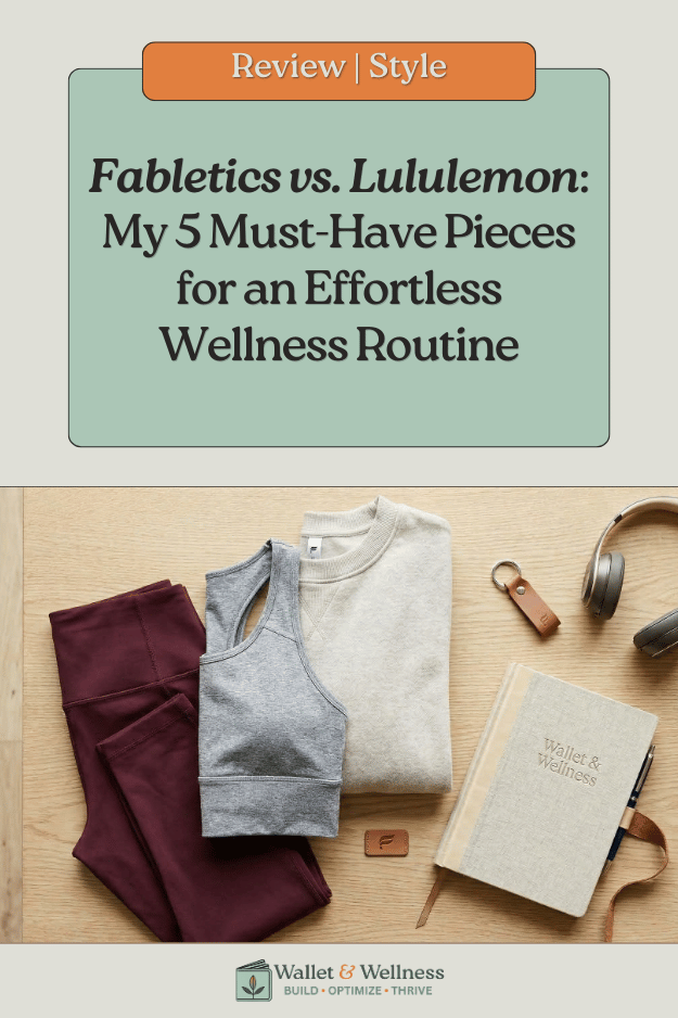A flat lay on a wooden table featuring burgundy leggings, a grey sports bra, and an oat-colored pullover next to a Wallet & Wellness branded notebook, illustrating a blog post about favorite Fabletics pieces for yoga and Pilates.