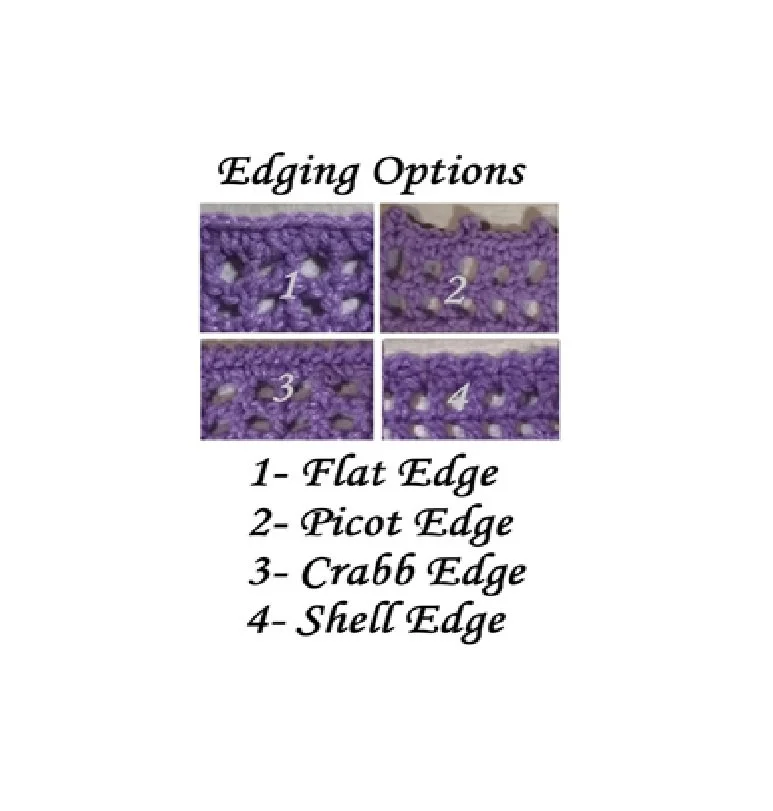 A guide showing four different crochet edging options called Flat Edge, Picot Edge, Crabb Edge, and Shell Edge, with small sample images of each edging in purple yarn.
